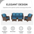 Ensemble de conversation extérieur en rotin 5 pièces avec canapé 3 places, 2 chaises et ottomans pour terrasse ou balcon