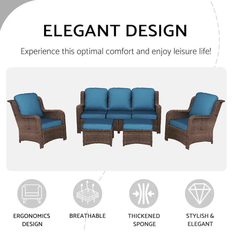 Ensemble de conversation extérieur en rotin 5 pièces avec canapé 3 places, 2 chaises et ottomans pour terrasse ou balcon