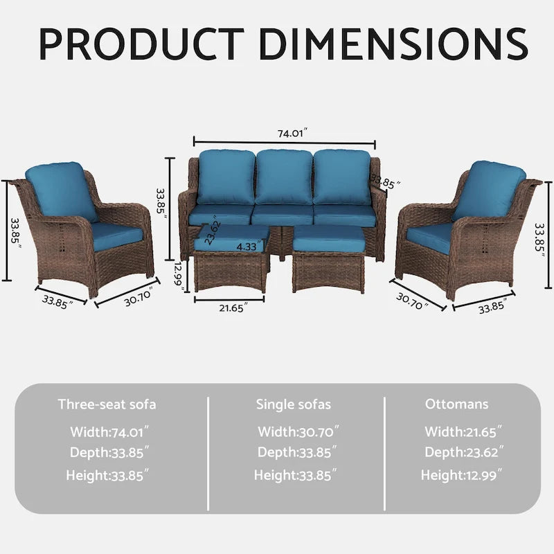 Ensemble de conversation extérieur en rotin 5 pièces avec canapé 3 places, 2 chaises et ottomans pour terrasse ou balcon