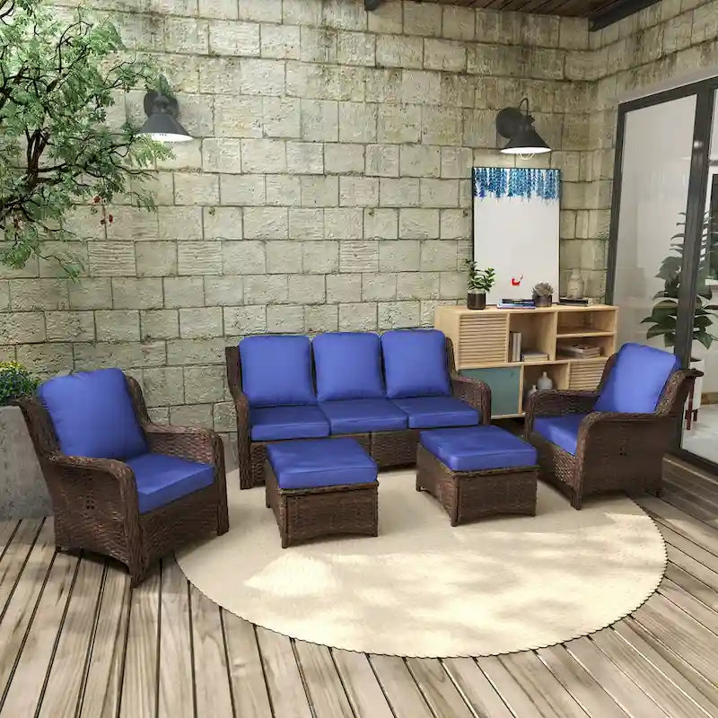 Ensemble de conversation extérieur en rotin 5 pièces avec canapé 3 places, 2 chaises et ottomans pour terrasse ou balcon