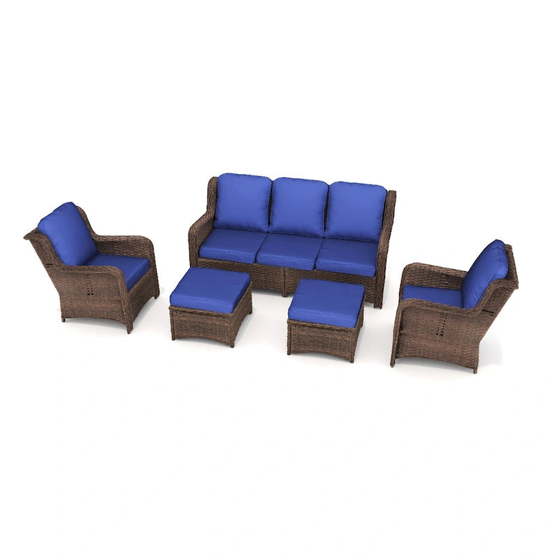 Ensemble de conversation extérieur en rotin 5 pièces avec canapé 3 places, 2 chaises et ottomans pour terrasse ou balcon