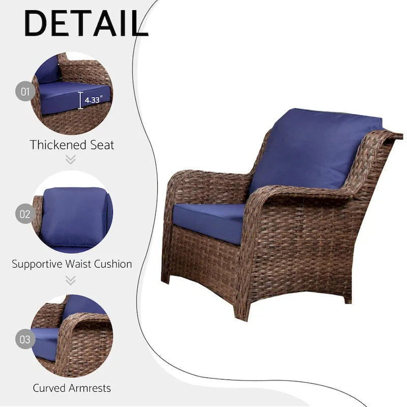 Ensemble de conversation extérieur en rotin 5 pièces avec canapé 3 places, 2 chaises et ottomans pour terrasse ou balcon