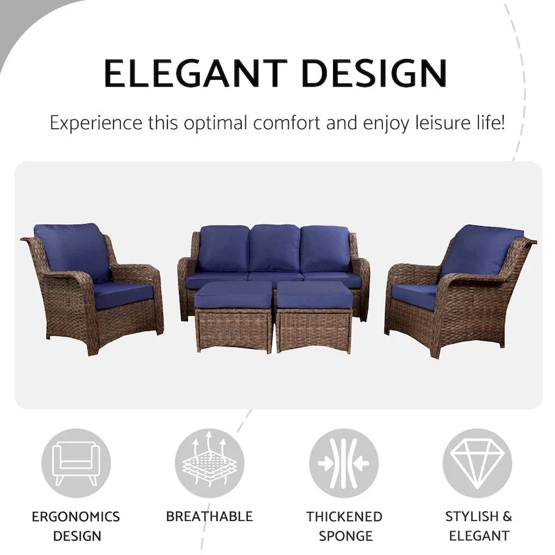 Ensemble de conversation extérieur en rotin 5 pièces avec canapé 3 places, 2 chaises et ottomans pour terrasse ou balcon
