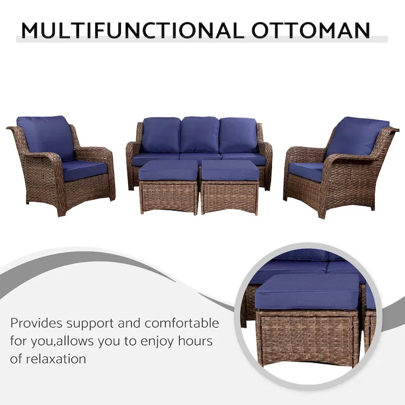 Ensemble de conversation extérieur en rotin 5 pièces avec canapé 3 places, 2 chaises et ottomans pour terrasse ou balcon