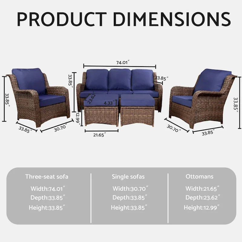 Ensemble de conversation extérieur en rotin 5 pièces avec canapé 3 places, 2 chaises et ottomans pour terrasse ou balcon