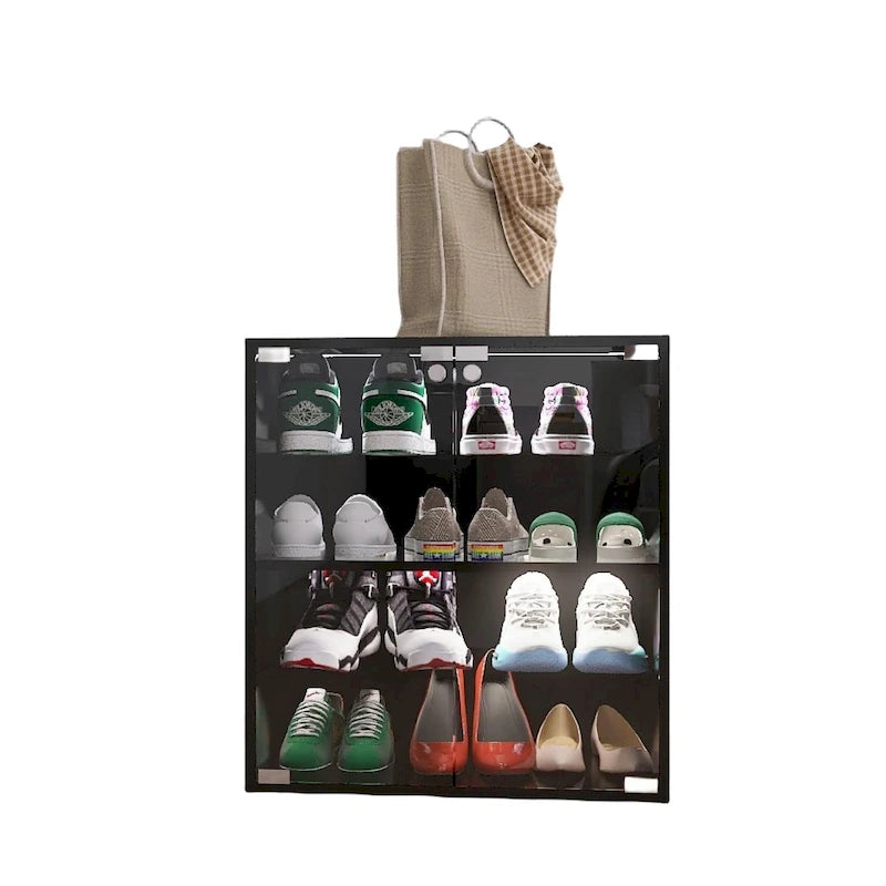 Meuble à chaussures noir à 4 niveaux avec porte vitrée et étagères en verre, meuble de présentation de chaussures avec lumière LED et contrôle Bluetooth