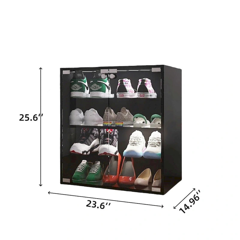 Meuble à chaussures noir à 4 niveaux avec porte vitrée et étagères en verre, meuble de présentation de chaussures avec lumière LED et contrôle Bluetooth