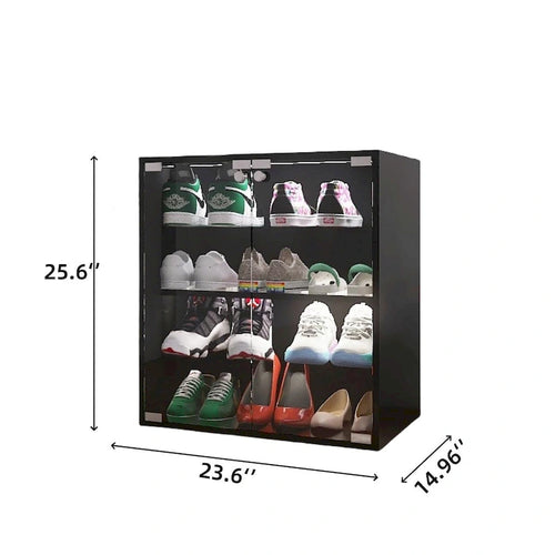 Meuble à chaussures noir à 4 niveaux avec porte vitrée et étagères en verre, meuble de présentation de chaussures avec lumière LED et contrôle Bluetooth