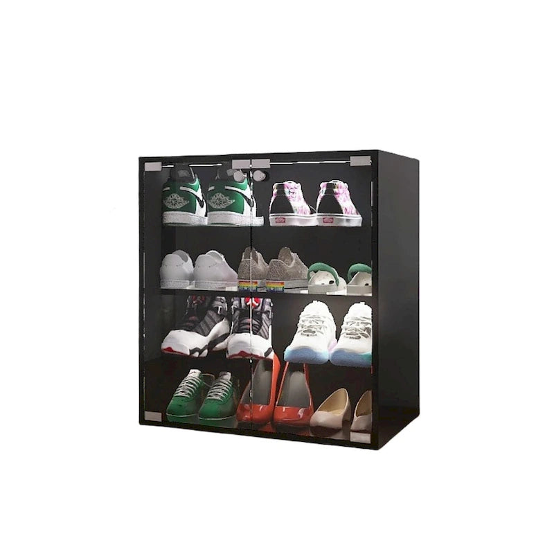 Meuble à chaussures noir à 4 niveaux avec porte vitrée et étagères en verre, meuble de présentation de chaussures avec lumière LED et contrôle Bluetooth