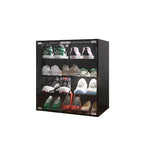 Meuble à chaussures noir à 4 niveaux avec porte vitrée et étagères en verre, meuble de présentation de chaussures avec lumière LED et contrôle Bluetooth