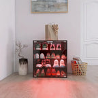 Meuble à chaussures noir à 4 niveaux avec porte vitrée et étagères en verre, meuble de présentation de chaussures avec lumière LED et contrôle Bluetooth