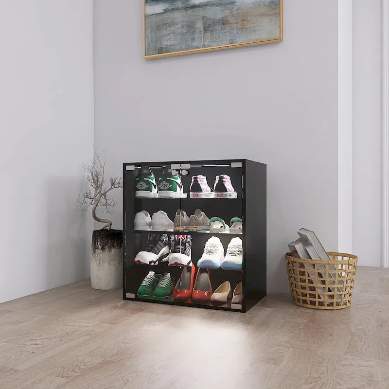 Meuble à chaussures noir à 4 niveaux avec porte vitrée et étagères en verre, meuble de présentation de chaussures avec lumière LED et contrôle Bluetooth