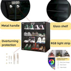 Meuble à chaussures noir à 4 niveaux avec porte vitrée et étagères en verre, meuble de présentation de chaussures avec lumière LED et contrôle Bluetooth