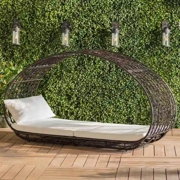 Lit de Repos Extérieur en Rotin Tressé avec Auvent et Coussin Résistant à l'Eau