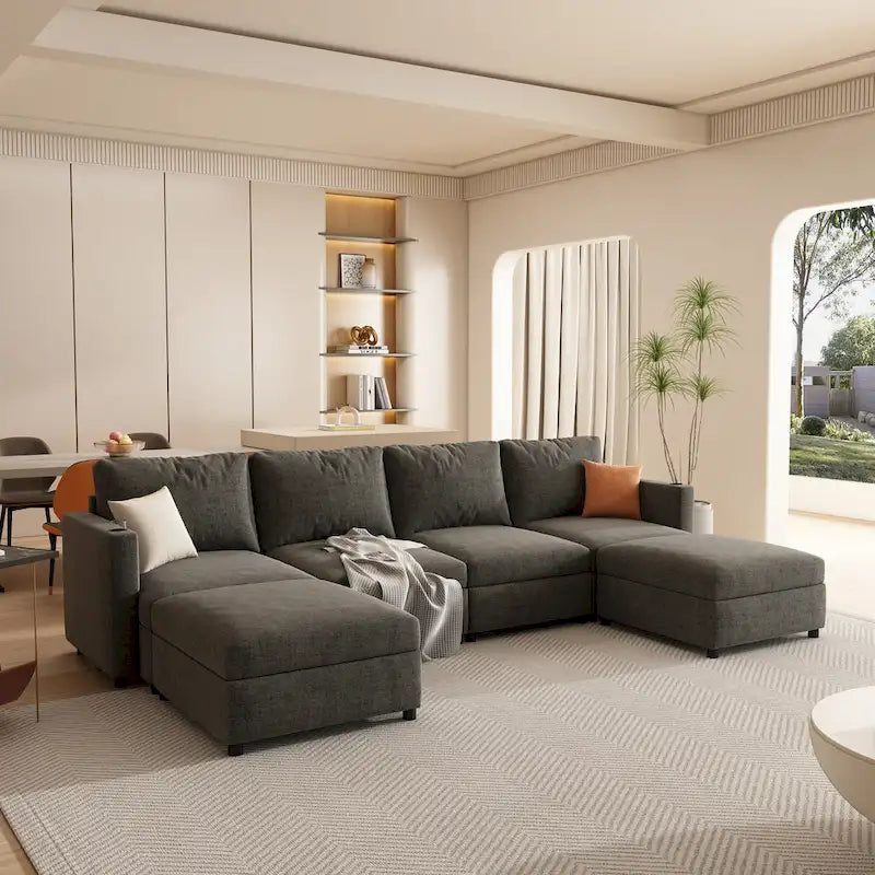 Christopher Knight Home - Canapé-lit sectionnel modulaire en U Stellar avec rangement, 6 places, pouf et tissu chenille