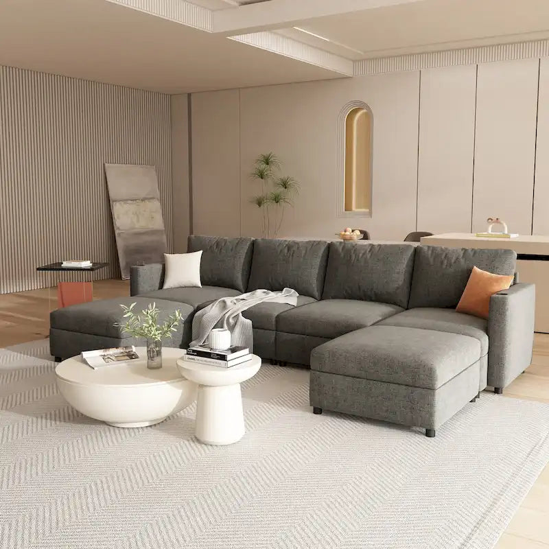 Christopher Knight Home - Canapé-lit sectionnel modulaire en U Stellar avec rangement, 6 places, pouf et tissu chenille