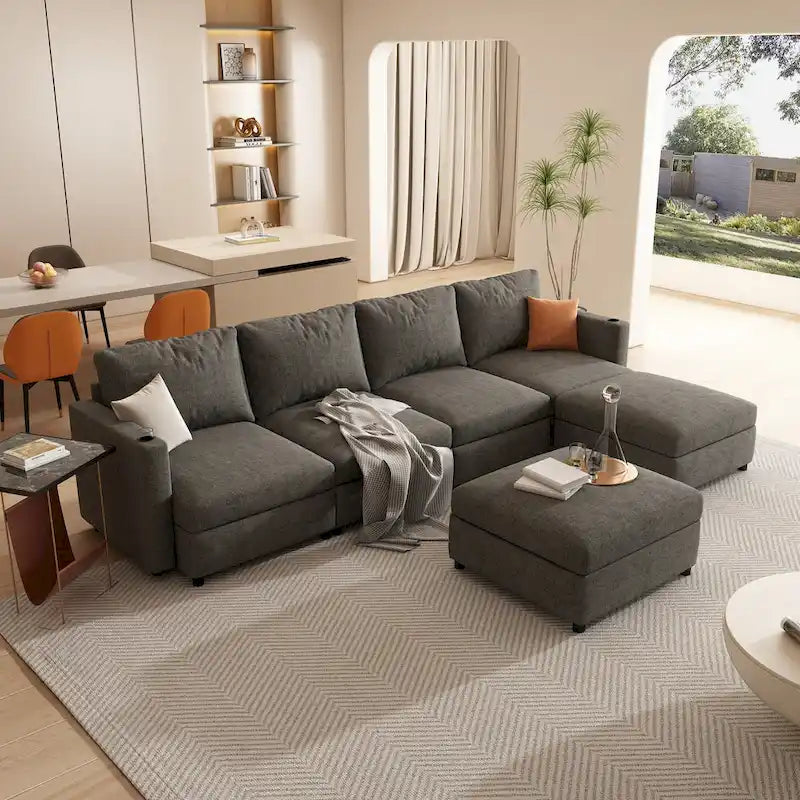Christopher Knight Home - Canapé-lit sectionnel modulaire en U Stellar avec rangement, 6 places, pouf et tissu chenille
