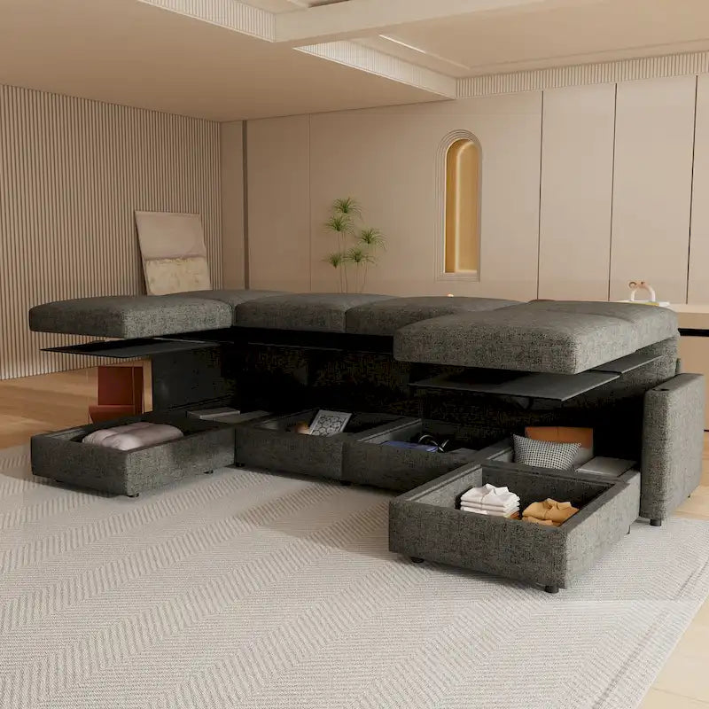 Christopher Knight Home - Canapé-lit sectionnel modulaire en U Stellar avec rangement, 6 places, pouf et tissu chenille