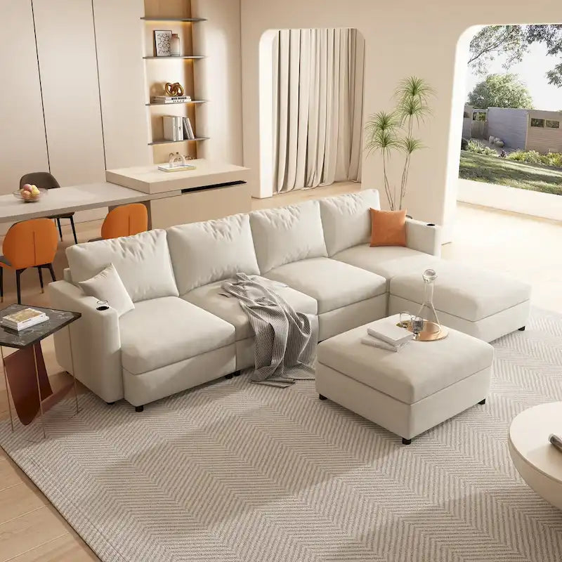 Christopher Knight Home - Canapé-lit sectionnel modulaire en U Stellar avec rangement, 6 places, pouf et tissu chenille