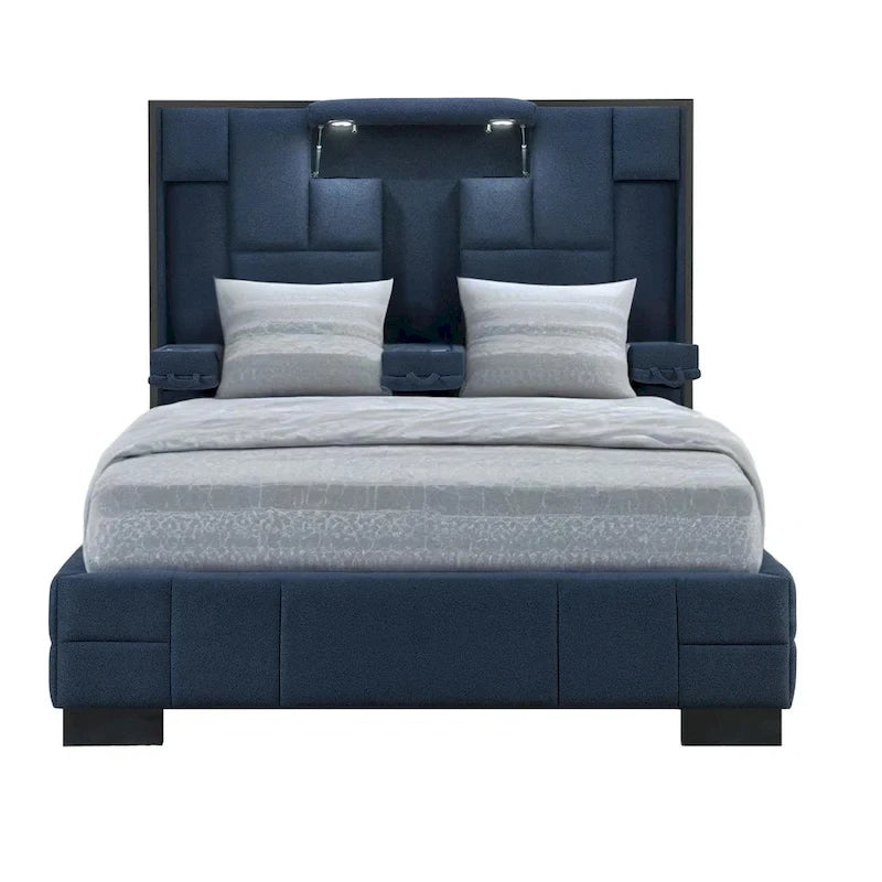Cadre de lit Queen HomeRoots bleu marine rembourré et éclairé avec USB