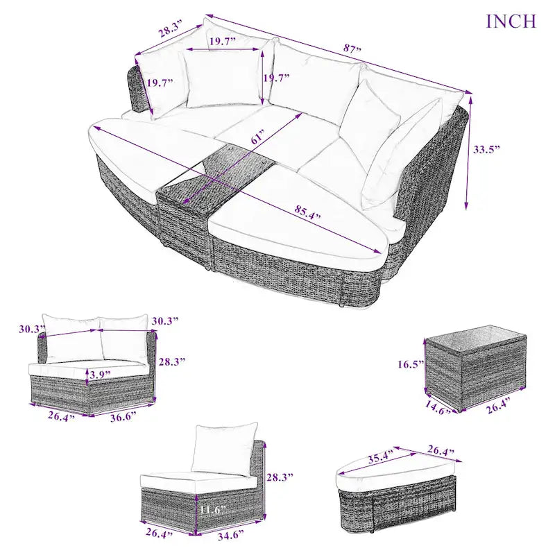 Ensemble de canapé d'angle modulable 6 pièces en rotin pour extérieur avec table basse, combinaison libre