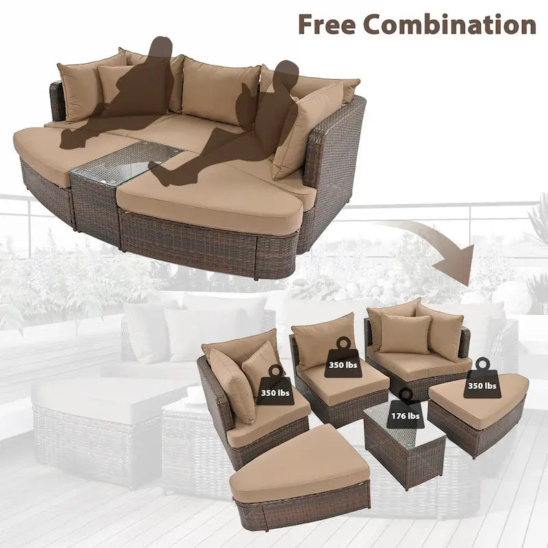 Ensemble de canapé d'angle modulable 6 pièces en rotin pour extérieur avec table basse, combinaison libre