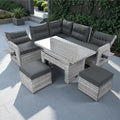 Ensemble de canapés modulaires en rotin pour terrasse extérieure avec table à hauteur réglable et 2 sièges inclinables, tables d'appoint extensibles