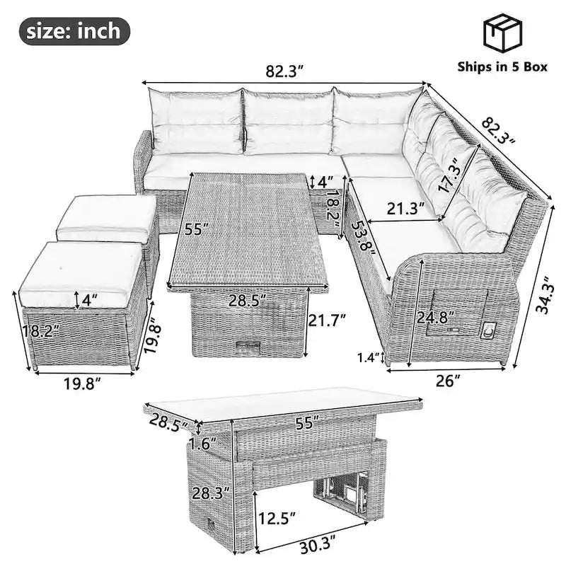 Ensemble de canapés modulaires en rotin pour terrasse extérieure avec table à hauteur réglable et 2 sièges inclinables, tables d'appoint extensibles