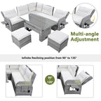 Ensemble de canapés modulaires en rotin pour terrasse extérieure avec table à hauteur réglable et 2 sièges inclinables, tables d'appoint extensibles