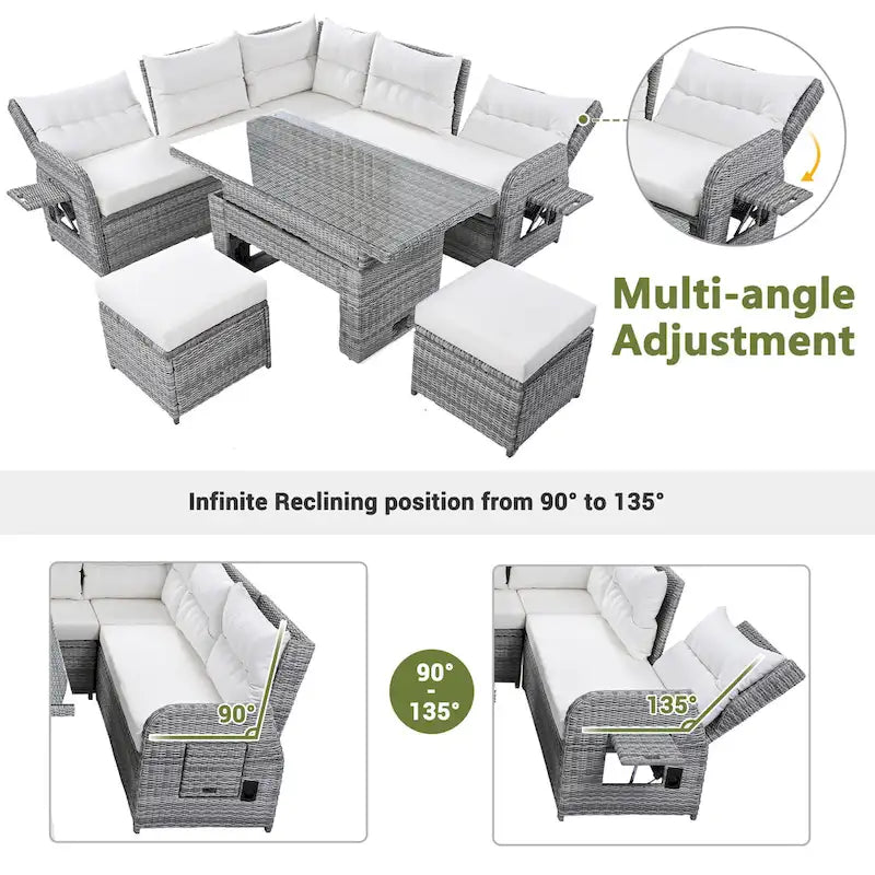 Ensemble de canapés modulaires en rotin pour terrasse extérieure avec table à hauteur réglable et 2 sièges inclinables, tables d'appoint extensibles