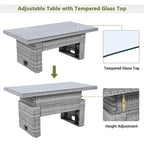 Ensemble de canapés modulaires en rotin pour terrasse extérieure avec table à hauteur réglable et 2 sièges inclinables, tables d'appoint extensibles