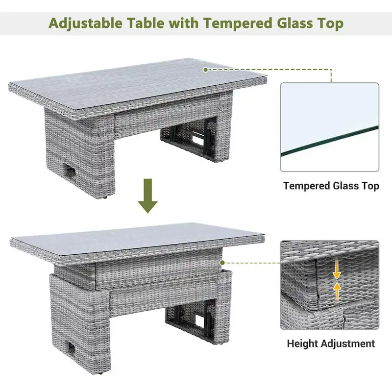 Ensemble de canapés modulaires en rotin pour terrasse extérieure avec table à hauteur réglable et 2 sièges inclinables, tables d'appoint extensibles