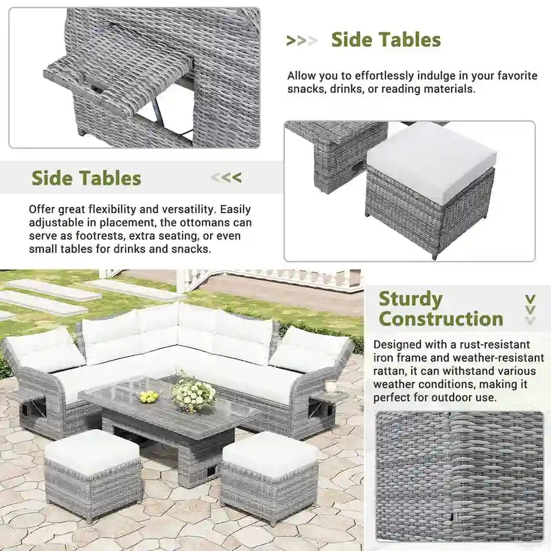 Ensemble de canapés modulaires en rotin pour terrasse extérieure avec table à hauteur réglable et 2 sièges inclinables, tables d'appoint extensibles