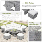 Ensemble de canapés modulaires en rotin pour terrasse extérieure avec table à hauteur réglable et 2 sièges inclinables, tables d'appoint extensibles