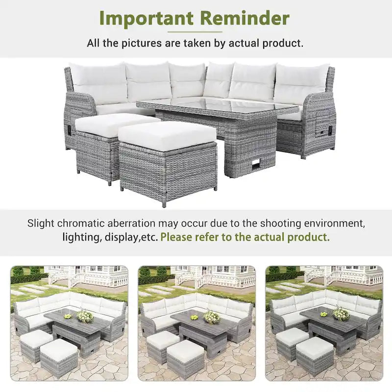 Ensemble de canapés modulaires en rotin pour terrasse extérieure avec table à hauteur réglable et 2 sièges inclinables, tables d'appoint extensibles