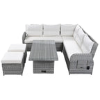 Ensemble de canapés modulaires en rotin pour terrasse extérieure avec table à hauteur réglable et 2 sièges inclinables, tables d'appoint extensibles