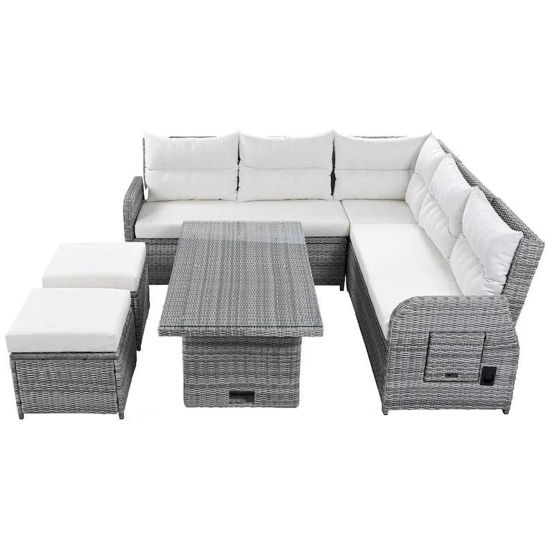 Ensemble de canapés modulaires en rotin pour terrasse extérieure avec table à hauteur réglable et 2 sièges inclinables, tables d'appoint extensibles