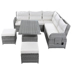 Ensemble de canapés modulaires en rotin pour terrasse extérieure avec table à hauteur réglable et 2 sièges inclinables, tables d'appoint extensibles
