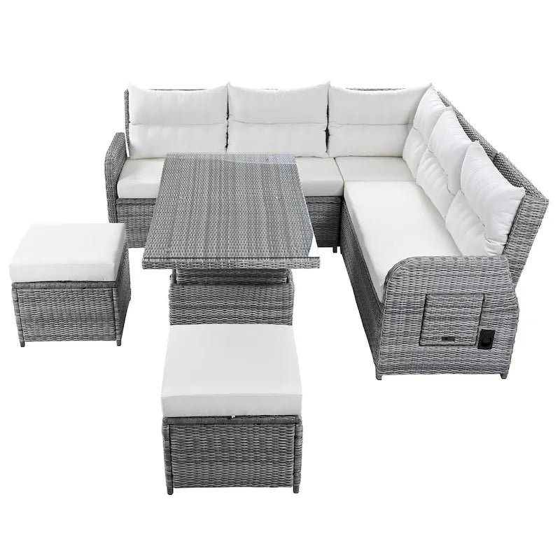 Ensemble de canapés modulaires en rotin pour terrasse extérieure avec table à hauteur réglable et 2 sièges inclinables, tables d'appoint extensibles