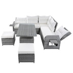 Ensemble de canapés modulaires en rotin pour terrasse extérieure avec table à hauteur réglable et 2 sièges inclinables, tables d'appoint extensibles