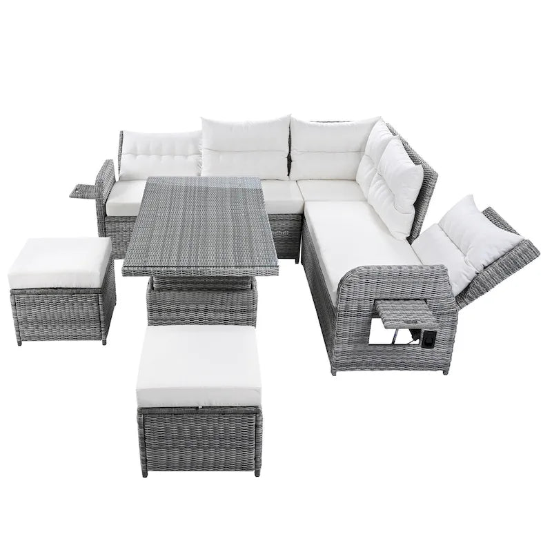 Ensemble de canapés modulaires en rotin pour terrasse extérieure avec table à hauteur réglable et 2 sièges inclinables, tables d'appoint extensibles