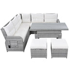 Ensemble de canapés modulaires en rotin pour terrasse extérieure avec table à hauteur réglable et 2 sièges inclinables, tables d'appoint extensibles