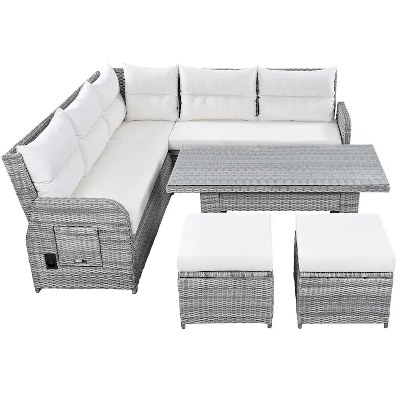 Ensemble de canapés modulaires en rotin pour terrasse extérieure avec table à hauteur réglable et 2 sièges inclinables, tables d'appoint extensibles