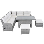 Ensemble de canapés modulaires en rotin pour terrasse extérieure avec table à hauteur réglable et 2 sièges inclinables, tables d'appoint extensibles
