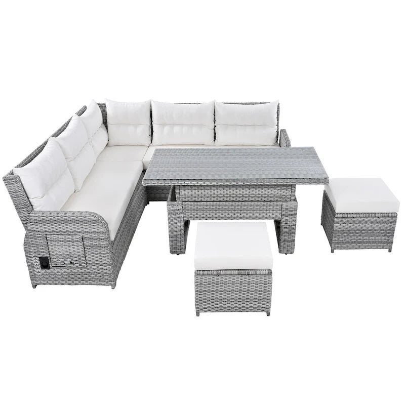 Ensemble de canapés modulaires en rotin pour terrasse extérieure avec table à hauteur réglable et 2 sièges inclinables, tables d'appoint extensibles