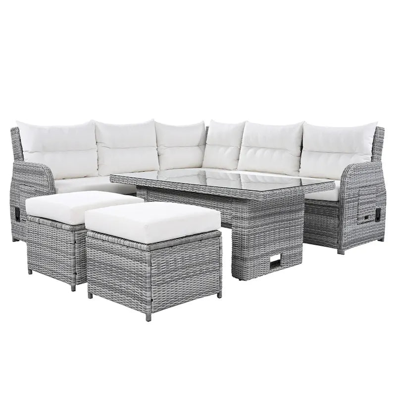 Ensemble de canapés modulaires en rotin pour terrasse extérieure avec table à hauteur réglable et 2 sièges inclinables, tables d'appoint extensibles
