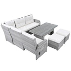 Ensemble de canapés modulaires en rotin pour terrasse extérieure avec table à hauteur réglable et 2 sièges inclinables, tables d'appoint extensibles