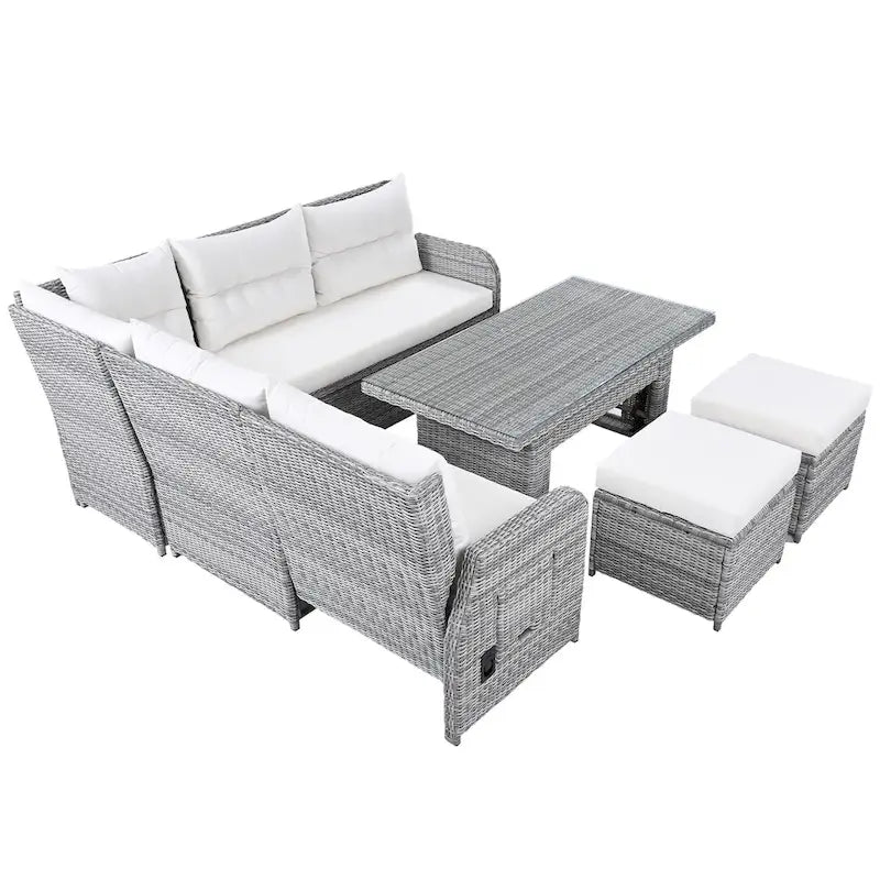 Ensemble de canapés modulaires en rotin pour terrasse extérieure avec table à hauteur réglable et 2 sièges inclinables, tables d'appoint extensibles
