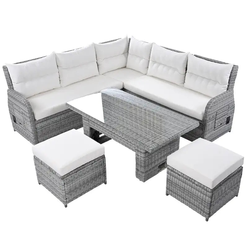 Ensemble de canapés modulaires en rotin pour terrasse extérieure avec table à hauteur réglable et 2 sièges inclinables, tables d'appoint extensibles