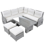 Ensemble de canapés modulaires en rotin pour terrasse extérieure avec table à hauteur réglable et 2 sièges inclinables, tables d'appoint extensibles